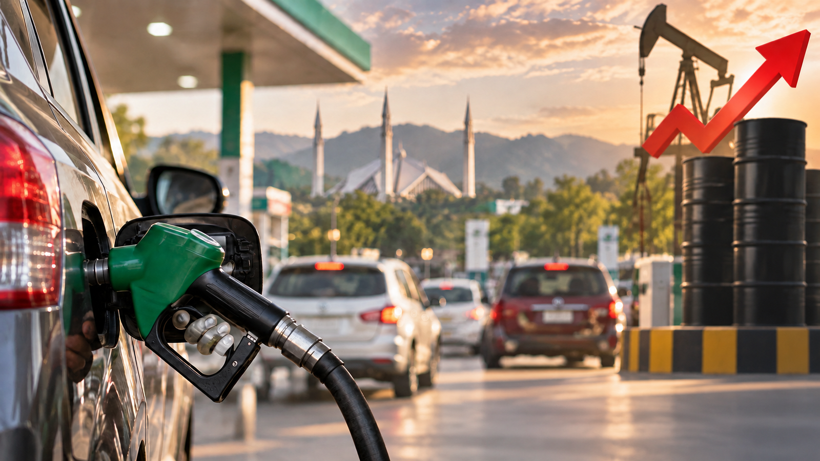 Motorists at a petrol station after petrol price increase in Pakistan