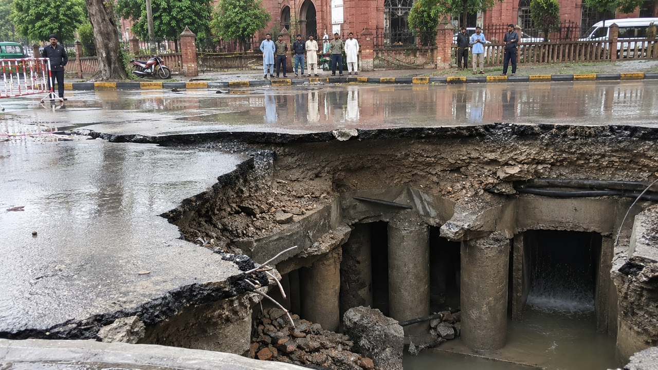 Massive sinkhole on newly constructed road in Johar Town Lahore