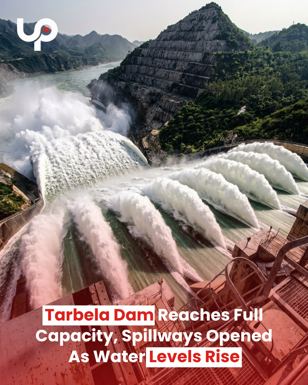Aerial shot of water flowing through the open spillways at Tarbela Dam during maximum water capacity.