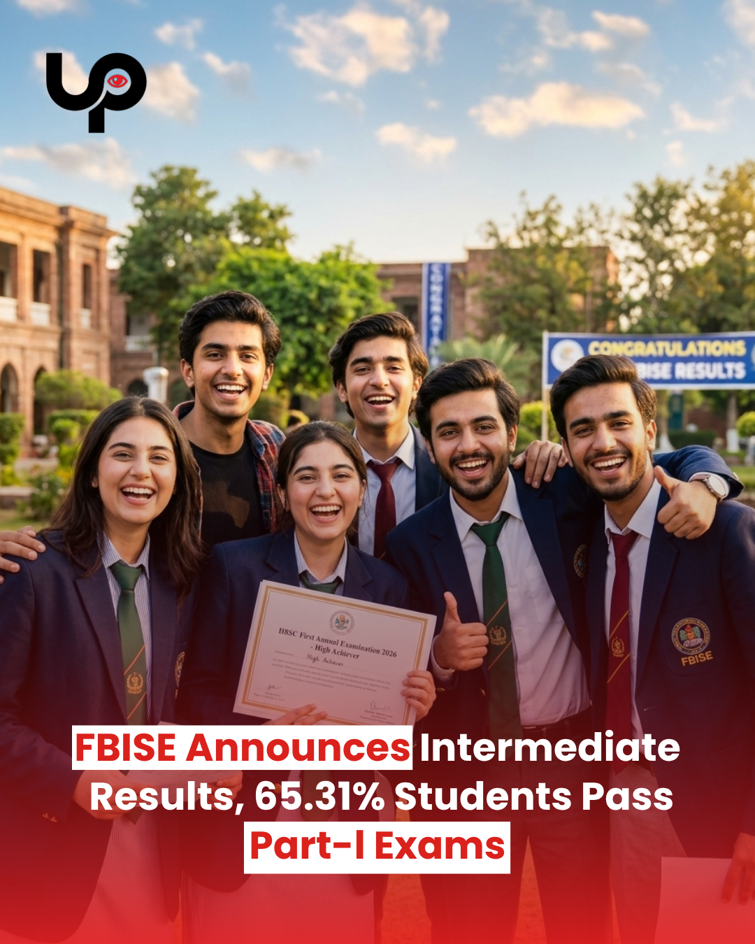 Happy FBISE students celebrating their HSSC 2026 exam results holding certificates outdoors.